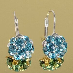 Vintage Blue Faux-Topaz Rhinestone Drop Earrings Silver Plated Leverback 12 mm